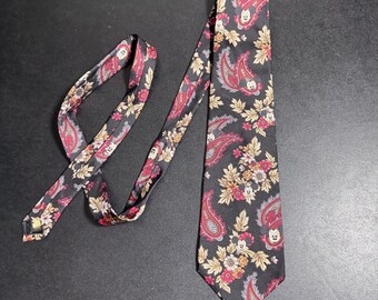 Disney Mickey Mouse Necktie Mens OS Black Red Gold Paisley Floral Vintage Silk