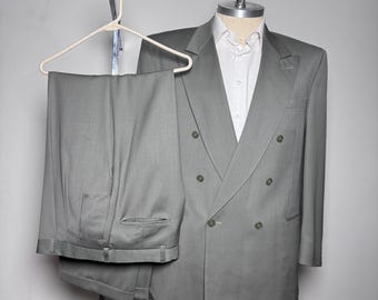 Jones New York Suit Mens 48L W36 Grey Solid Double Breasted Vintage Wool Peak