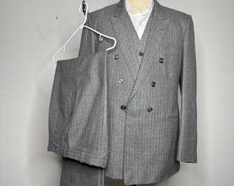 Vintage 70s Tweed Pinstripe 3 Piece Suit: Double Breasted, YSL Liner 42R 33W