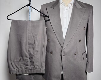 Raffinati Suit Mens 40 36x31 Taupe Gray Solid Double Breasted Peak Lapel Vintage