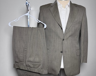 Geoffrey Beene Suit Mens 40R W34 Taupe Textured 2-Button Flat Front USA Made