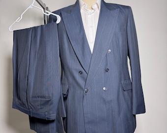 Vintage Haggar Imperial heren krijtstreep double-breasted pak 46L 36W blauwe wol