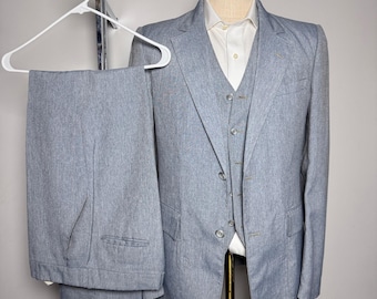Sovereignty 3-Piece Suit Mens 40L 32W Light Blue Textured Vintage 2-Button Vest