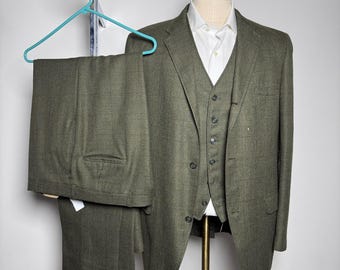 Harry Forman 3 Piece Suit Mens 42L W38 Green Tweed Windowpane Wool Vintage USA