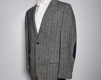 jaren 1970 Stanley zwartere blazer heren 40R grijze visgraat elleboogstukken vintage