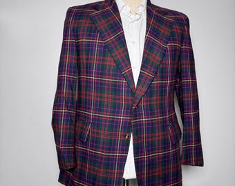 1970s Barrister Wallachs Blazer Mens 42 Red Plaid Tartan Vintage Sport Coat