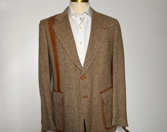 1970 CRICKEETER Vtg 42R Mens Tweed Barlycorn Blazer Shooter Hunting Leather Trim