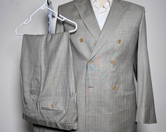 Zanetti Suit Mens 42L 34x32 Grey Stripe Double Breasted Cerruti 1881 Wool Italy