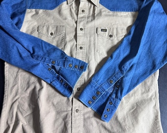 Wrangler Western Shirt Mens XL Tan Blue Colorblock Denim Sleeve Snap Button Down