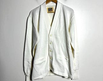 Dehen vest trui heren 46 XL witte effen vintage sjaalkraag gebreid USA gemaakt