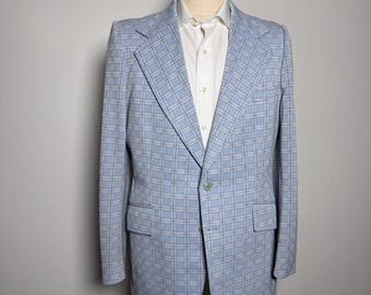 Blazer Van Cort Masculino Tamanho 44R Azul Claro Xadrez Vintage Anos 70 em Poliéster