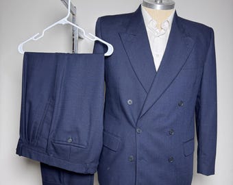 Yves Saint Laurent Kostym Herr 42R W32 Marinblå Dubbelknäppt Ull Vintage
