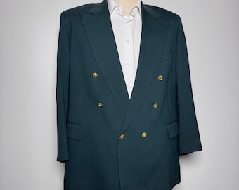 Chaps Ralph Lauren Blazer Mens 48R Green Solid Double Breasted Gold Button Wool