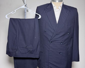 Custom Tailored Suit Mens 44R 40x30 Navy Blue Pinstripe Double Breasted Vintage