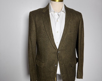 Vintage 1970s Herringbone Wool Blazer Mens 38R Mustard Brown Sport Coat Academic