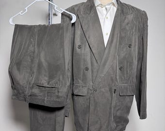 Libco Suit Mens L 32x31 Gray Solid Silk Double Breasted Sandwashed Vintage