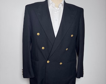 Bill Blass Blazer Mens 44R Black Solid Double Breasted Gold Buttons Peak Lapel