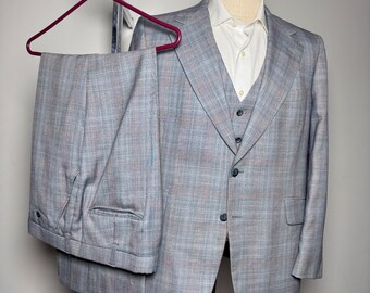 Etienne Caron 3-Piece Suit Mens 46R W38 Gray Plaid Vintage Wool Blend 2-Button