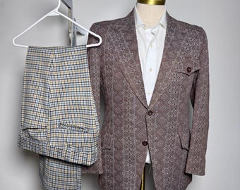 Brookfield Vintage 2-Piece Suit Mens 38R 33W Brown Geometric Houndstooth Disco