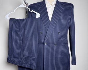 Traje vintage a medida para hombre, talla 42L (34x33), azul marino, raya diplomática, doble botonadura, con visera.