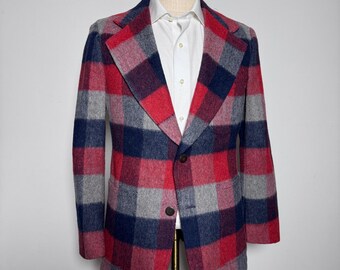 Vintage Lee Blazer Mens 44R Red Plaid Wool Two Button Vintage Sport Coat