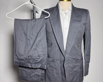 Yves Saint Laurent Suit Mens 37R W28 Grey Pinstripe Double Breasted Vintage