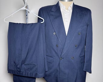 Christian Dior Suit Mens 42R 36W Blue Pinstripe Double Breasted Peak Lapel USA