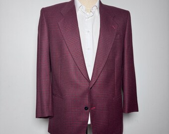 Countess Mara Blazer Mens 46L Burgundy Plaid Wool Cashmere Vintage Sport Coat