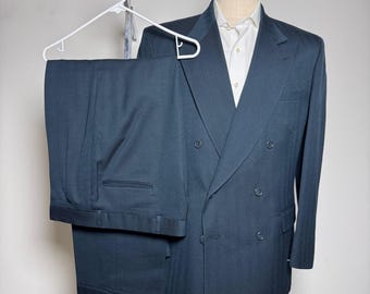 Fairfax Suit Mens 42R 36x30 Navy Blue Herringbone Double Breasted Peak Lapel