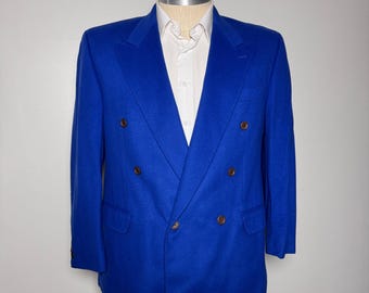 Franco Tassi Blazer Mens 44S Blue Solid Double Breasted Peak Lapel Vintage