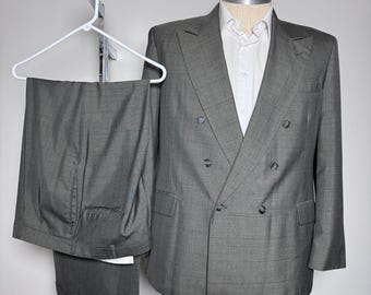 Haggar Imperial Suit Mens 46R W36 Brown Windowpane Double Breasted Peak Lapel