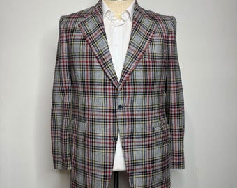 1960s Kingston Clothes Plaid Blazer 42L Mens Grey Red Yellow Classic Fit