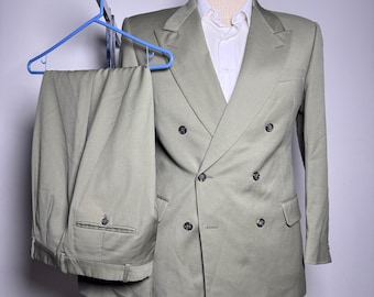 Yves Saint Laurent Suit Mens 40R W32 Sage Tan Solid Double Breasted Wool Vintage