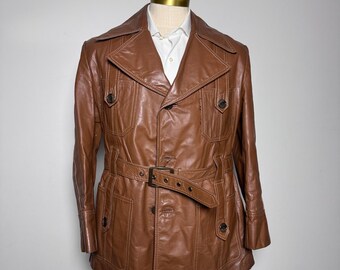 1970s Gino Paoli Leather Safari Jacket Mens 42 Brown Solid Belted Faux Fur Lined