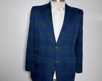 1970s Sears The Men's Store Blazer Mens 46R Blue Green Plaid Traveller Knit Vtg