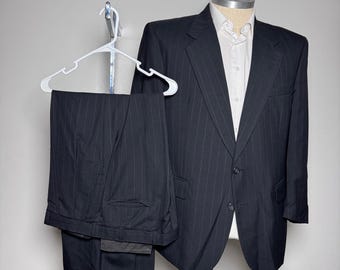Christian Dior Monsieur Suit Mens 46R 38W Navy Blue Pinstripe Wool 2-Button