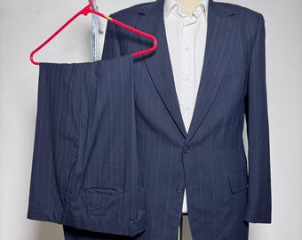 Stanley Blacker Couture Suit Mens 42L 38x32 Navy Blue Pinstripe Wool 2-Button
