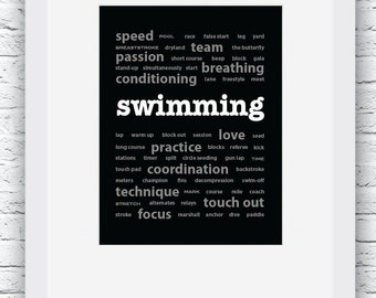 Swimming Words Wall Art Printable, Black and White Art, Sport Decor, Swimming Art, Wall Decor, Modern Wall Art, Words Art, Digital Print