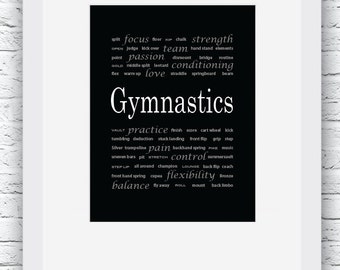 Gymnastics Words Wall Art Printable, Black and White Art, Sport Decor, Gymnastics Art, Wall Decor, Modern Wall Art, Words Art, Digital Print