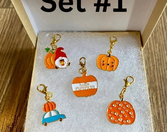 Fall Wine Glass Charm Set or Stitch Marker Set Pumpkin Autumn