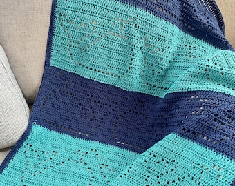 Nautical Whale Crochet Baby Toddler Blanket Cotton Blue Teal Green