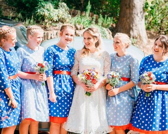 Polka dot bridesmaid dress, red royal blue pale sky blue polka dot dress, vintage style wedding dress, cotton tea dress, spring summer dress