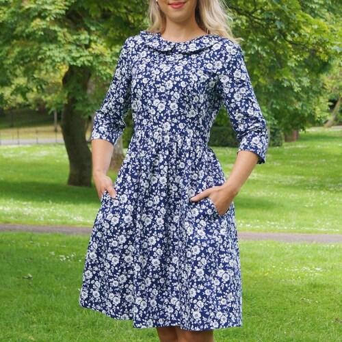 Floral Peter Pan collar navy dress, vintage style dress, white flowers print dress, garden party tea dress, bridesmaid dress, spring summer