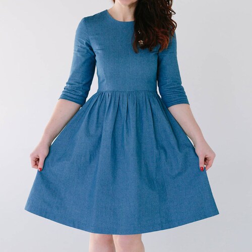 Denim midi dress, blue cotton dress, dark denim dress, light denim dress, skater dress, knee length dress, spring summer, every day workwear