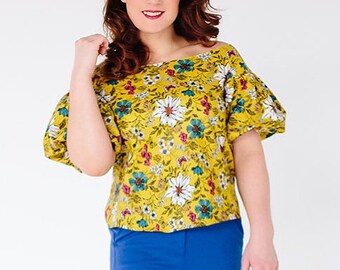 Floral boatneck top, open shoulder top, puff sleeve top, off the shoulder top, spring summer top, balloon sleeve top, yellow top