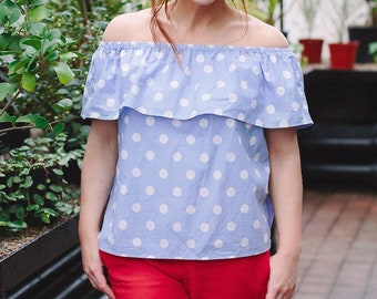 Blue polka dot off the shoulder top, open shoulder top, white polka dot top, loose polka dot top, vintage style top, spring summer top,
