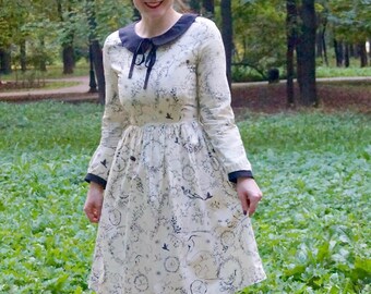 Fox owl deer animal print dress, Peter Pan collar dress, midi dress, cotton dress, autumn winter dress, woodland print, vintage style dress