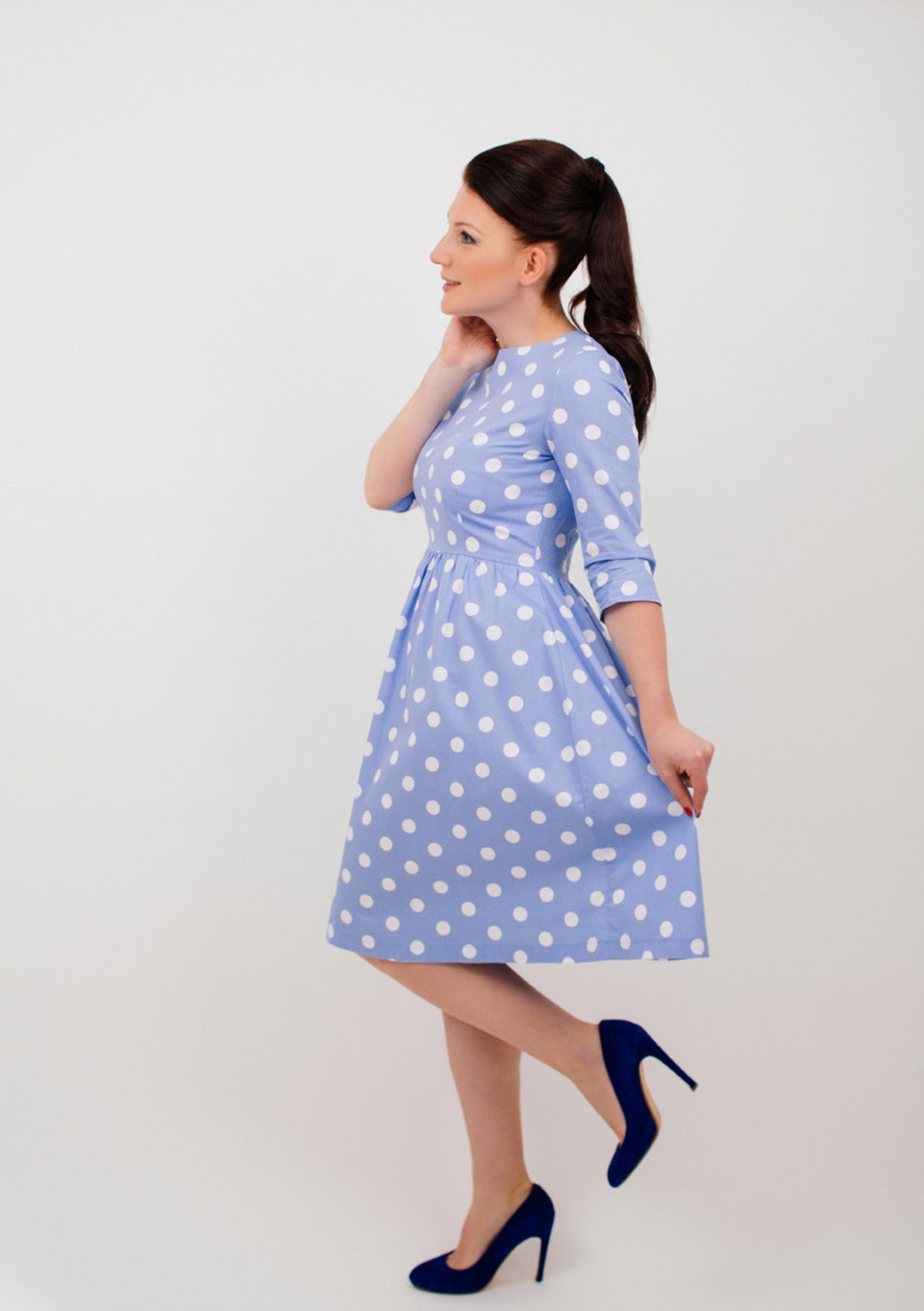 Polka Dot Dress Blue Polka Dot Dress Midi Dress Cotton Etsy