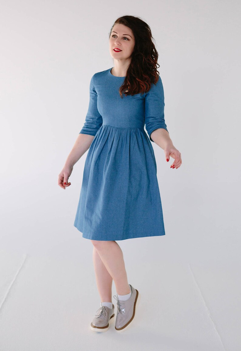 Denim midi dress blue cotton dress dark denim dress light image 5