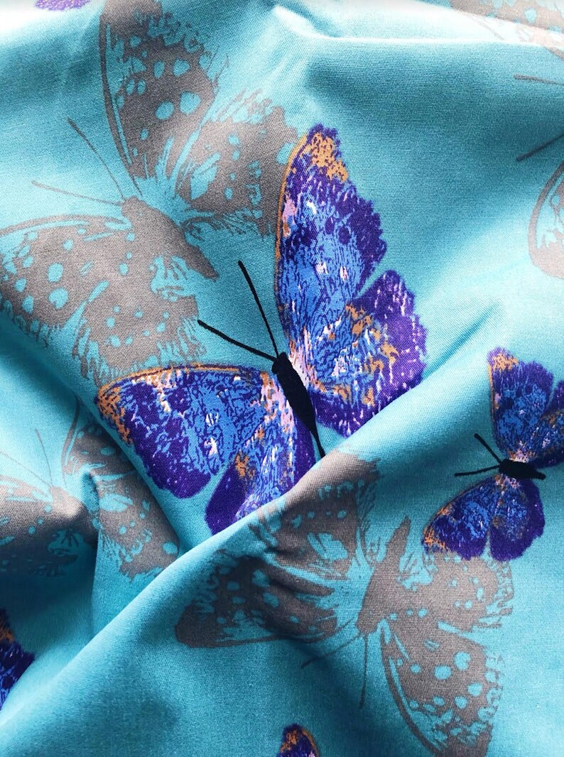 Butterfly Print Sateen Stretch Cotton Fabric Vintage Style Etsy Australia